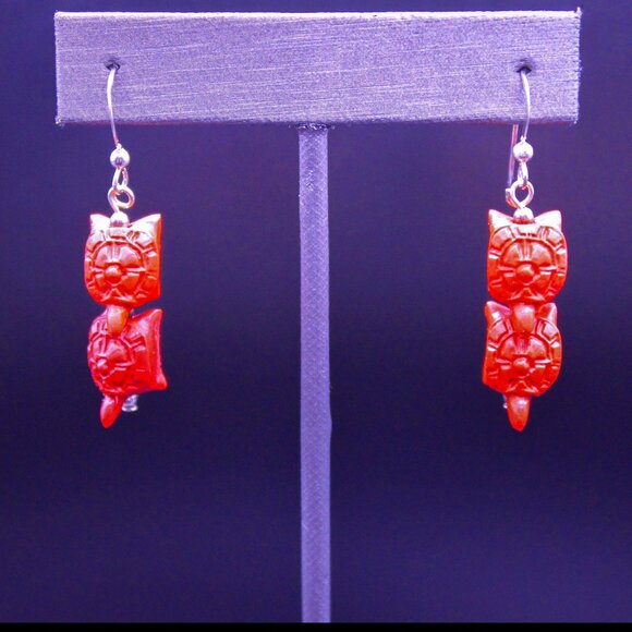 925 Sterling Silver Red Cinnabar Carved Double Turtle Dangle Drop Earrings - Picture 1 of 16
